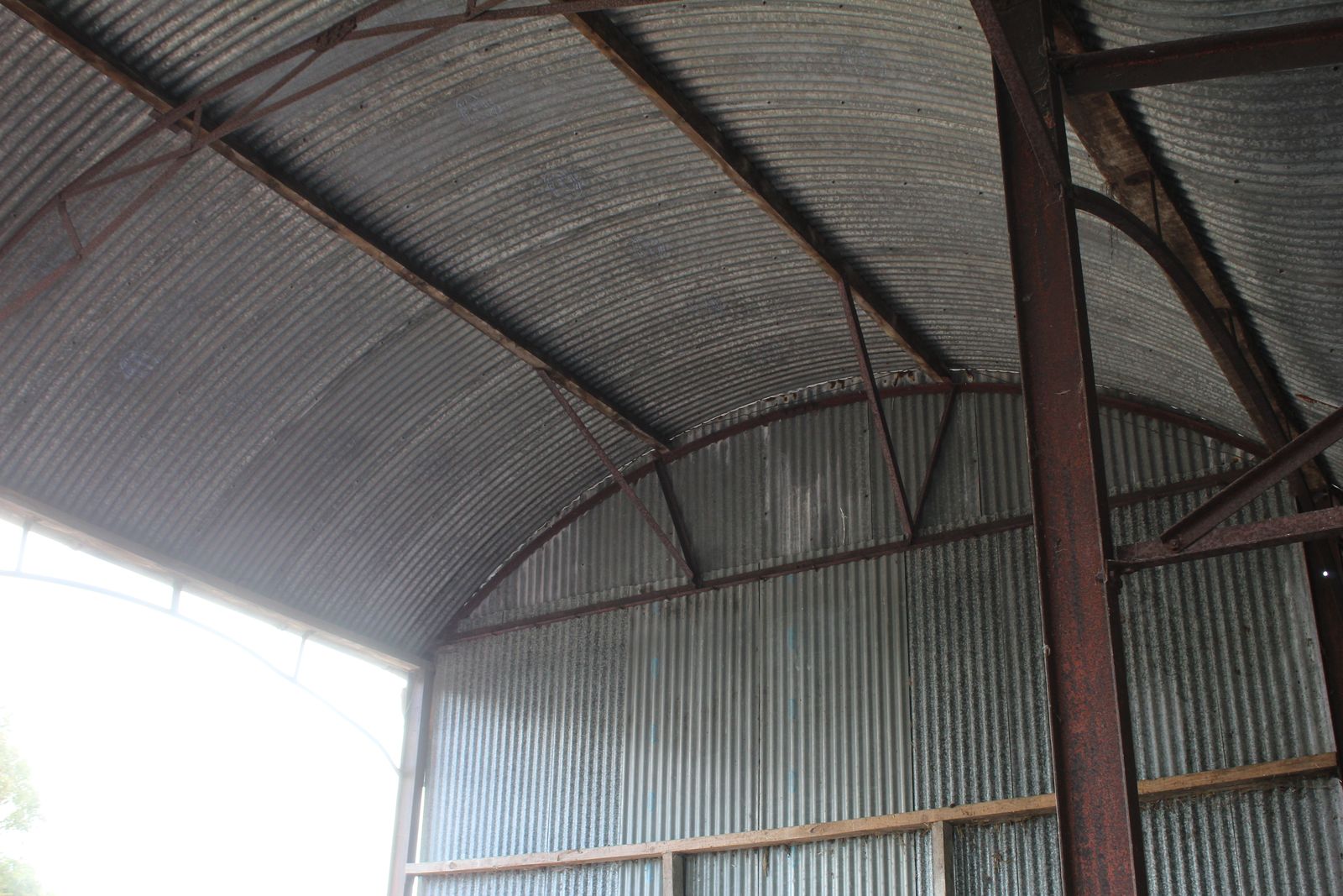 Inside the curved roof of the Kelly shed
